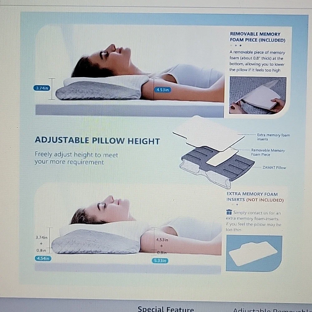 Zamat contour memory foam pillow Orthopedic adjustable support gray white NEW…